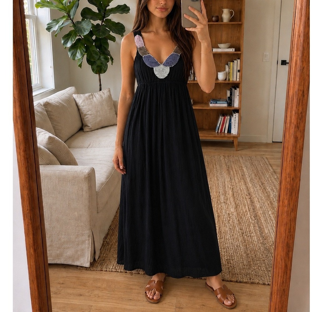 Ella Moss Beaded Maxi Dress Size XS Black Cotton Boho Coastal Artsy Resort Beach